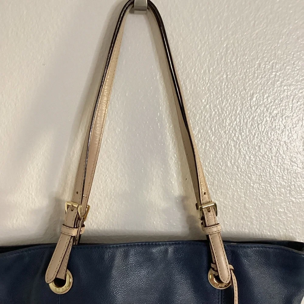 Michael Kors Navy Leather Tote with Tan Straps and Gold Charm - Picture 4 of 11